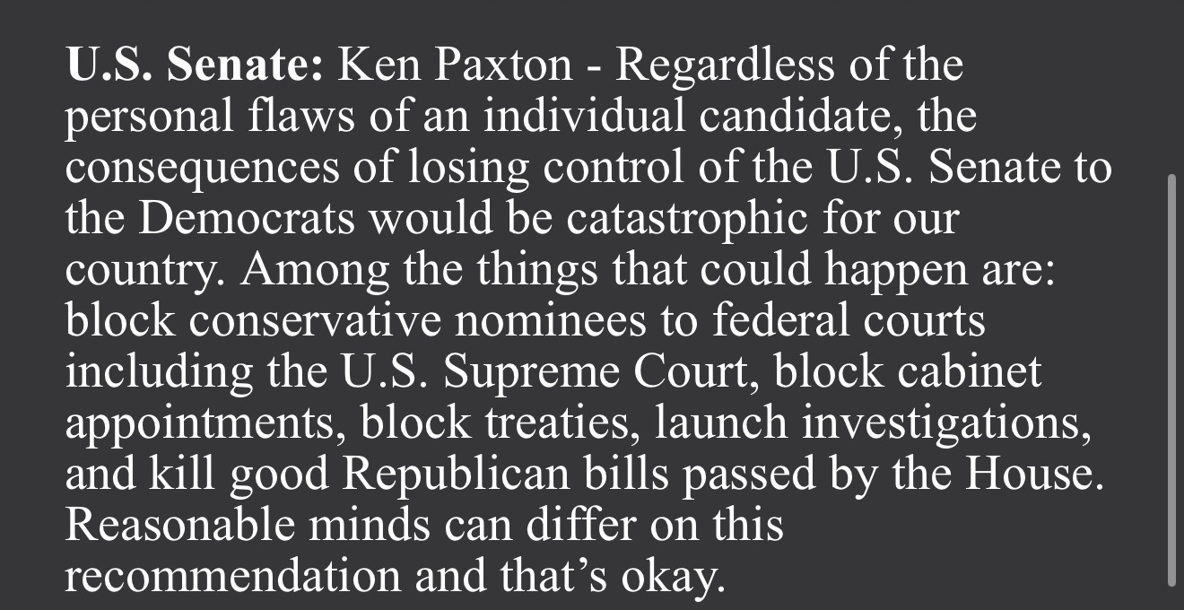 Dick Weekley's Oct 12, 2026 voter guide, U.S. Senate recommendation (recipient redacted)