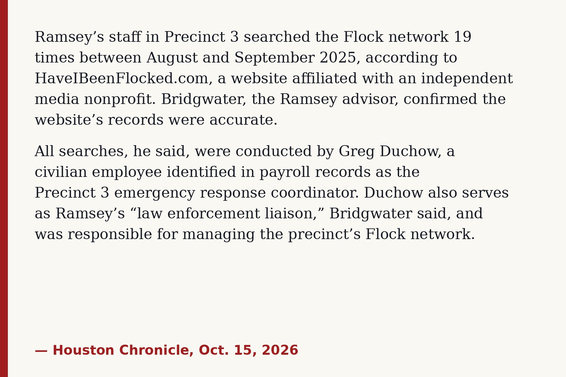 Houston Chronicle, Oct. 15, 2026