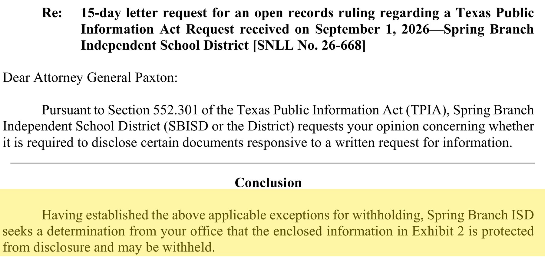 SBISD's Sept. 23, 2026 letter to the Attorney General, SNLL No. 26-668