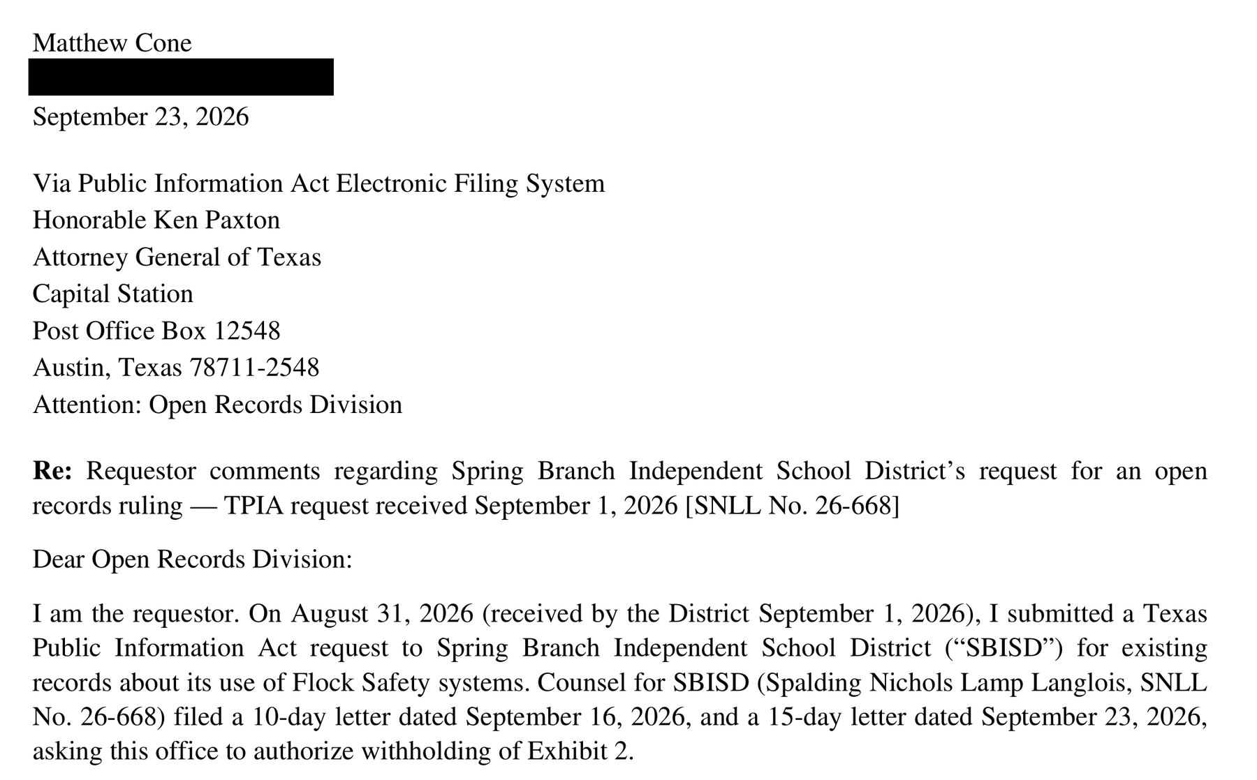 My requestor comments to the Attorney General, filed Sept. 23, 2026
