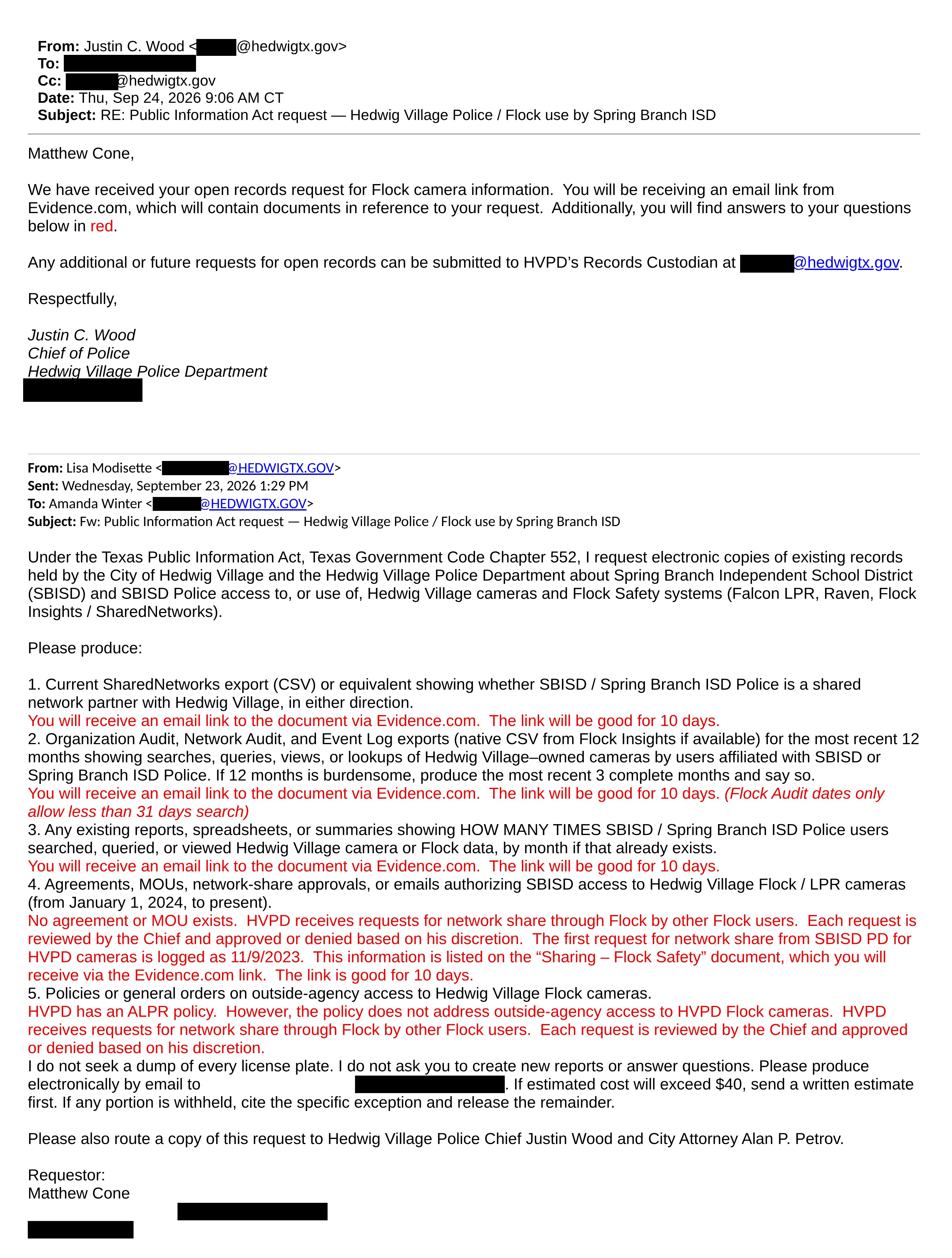 Chief Justin Wood's Sept. 24, 2026 reply, his answers in red. My contact info and staff email names redacted.