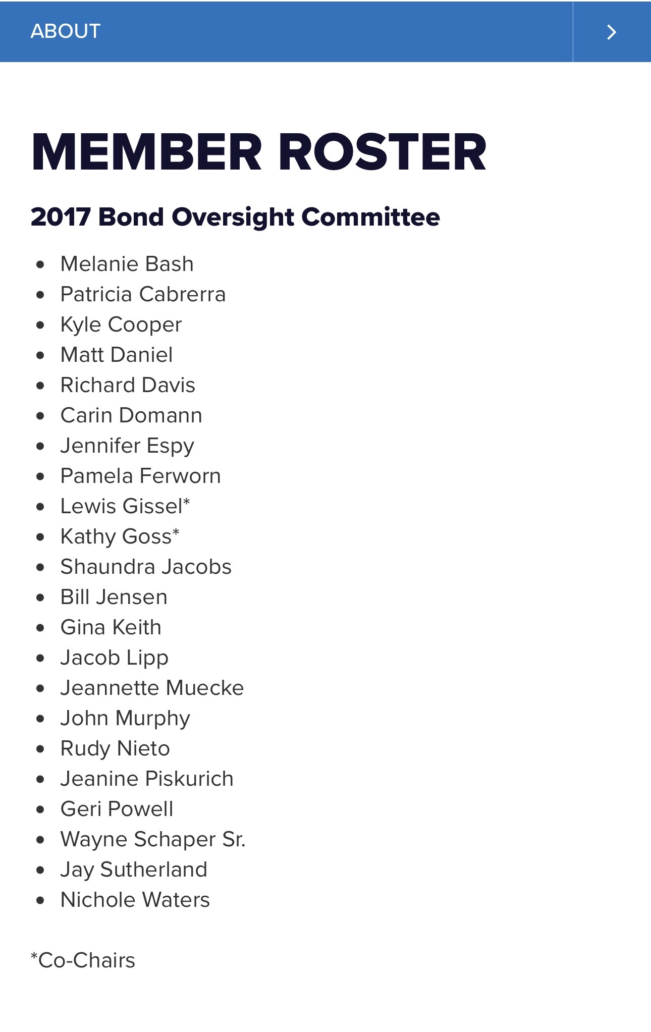 Spring Branch ISD Bond Oversight Committee membership roster as published by the district