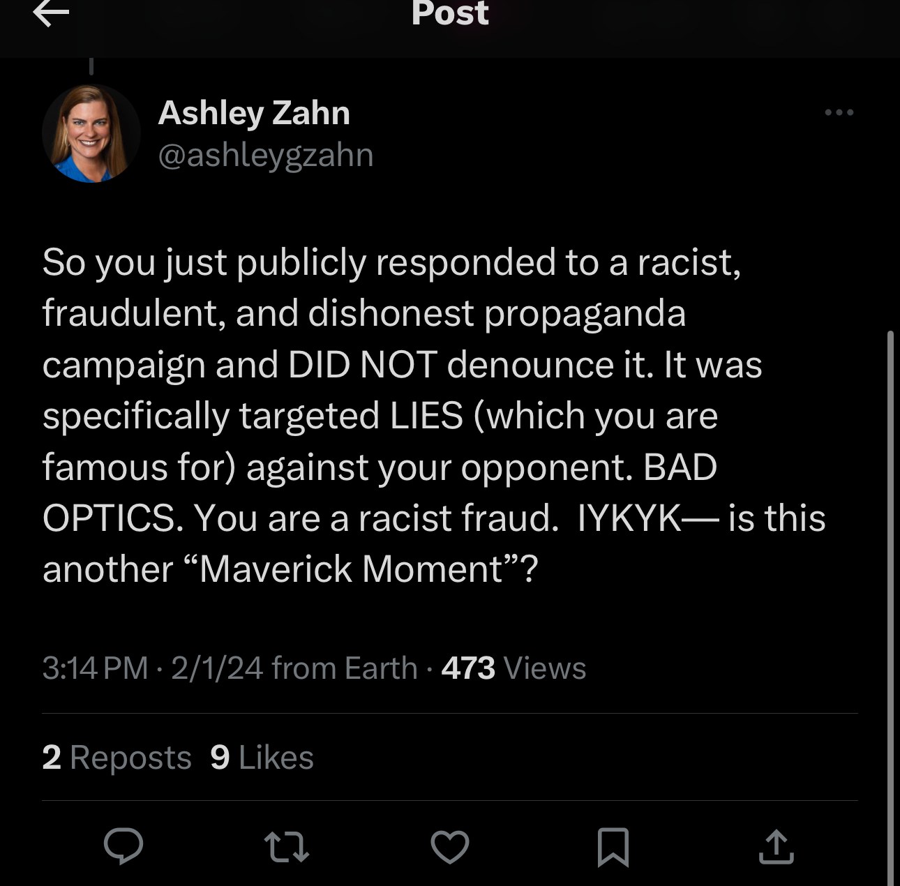 Ashley Zahn’s February 1, 2024, 3:14 p.m. post saying You are a racist fraud.