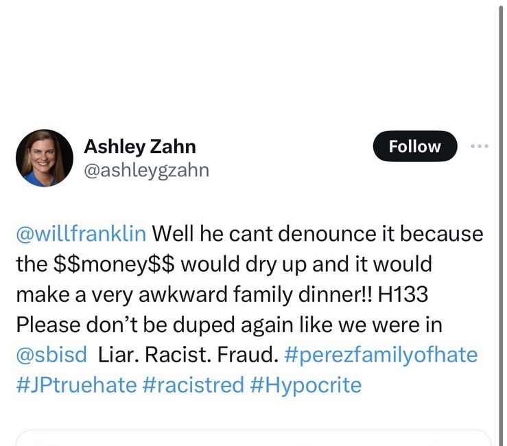 Ashley Zahn’s February 7, 2024 post saying Liar. Racist. Fraud.